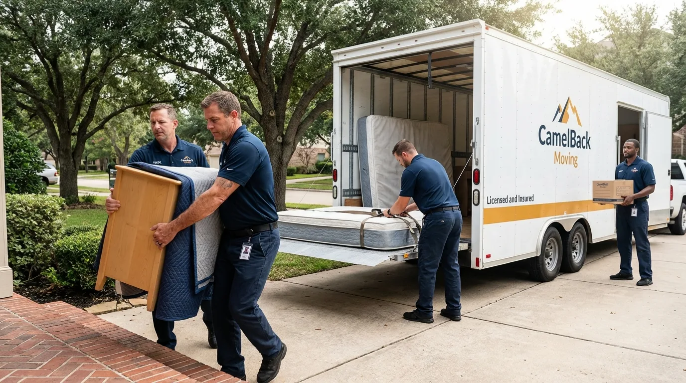 Crew loading residential truck for cross-state move from Minot, ND