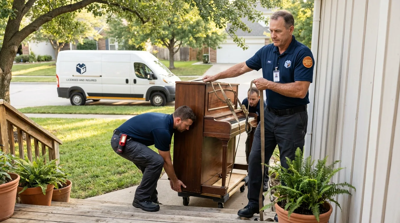 Licensed piano movers securing grand piano in Minot, ND