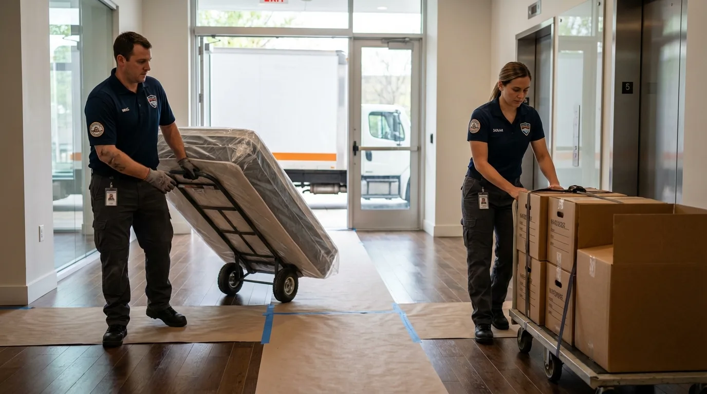 Professional apartment movers loading elevator in Minot, ND